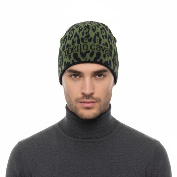 Roberto CavalliESZ026 D0491 Black/Military Green Jaguar Beanie Hat
